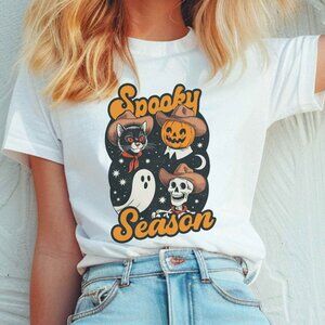 Spooky Season Graphic Tee Funny Halloween Black Cat T-Shirt Scary Season